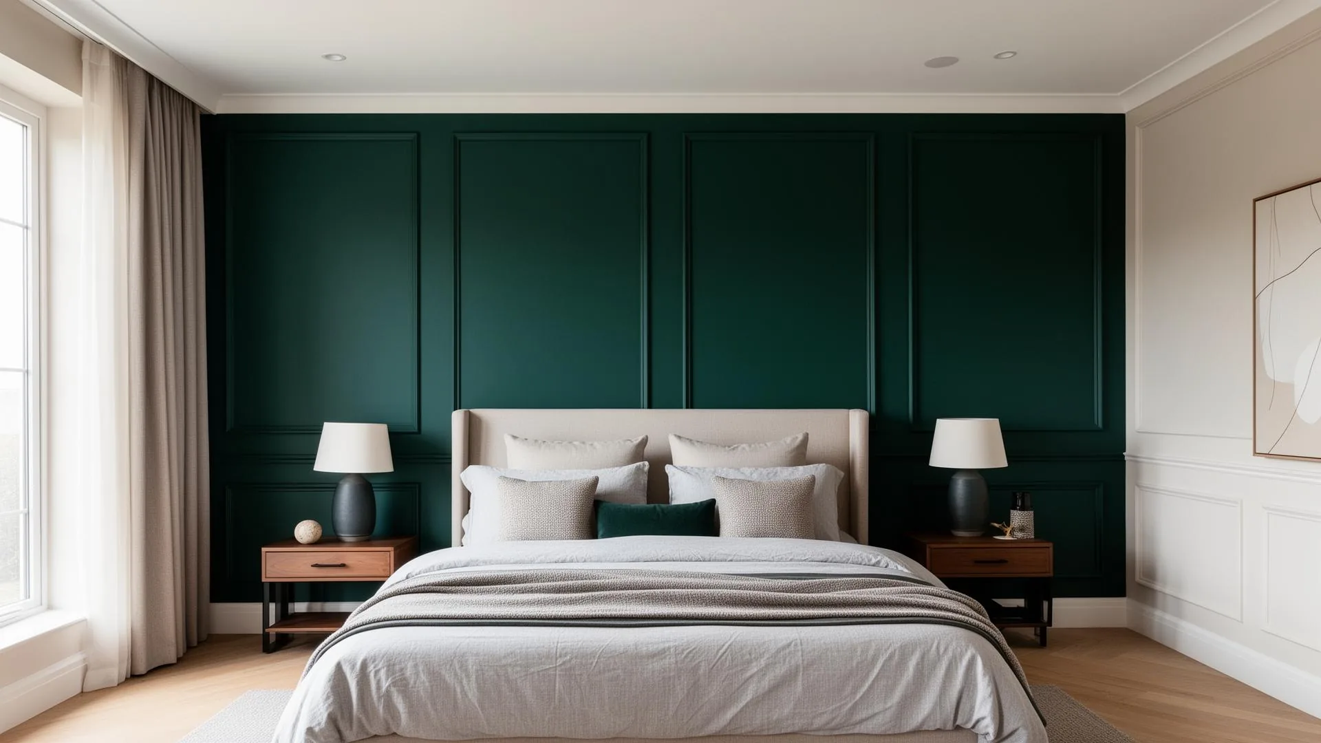 Bedroom with bold painted accent wall after