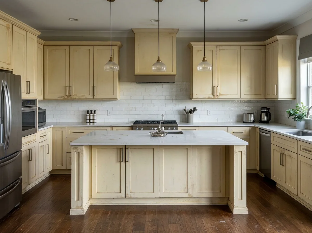 Dated, yellowed kitchen cabinets before refinishing