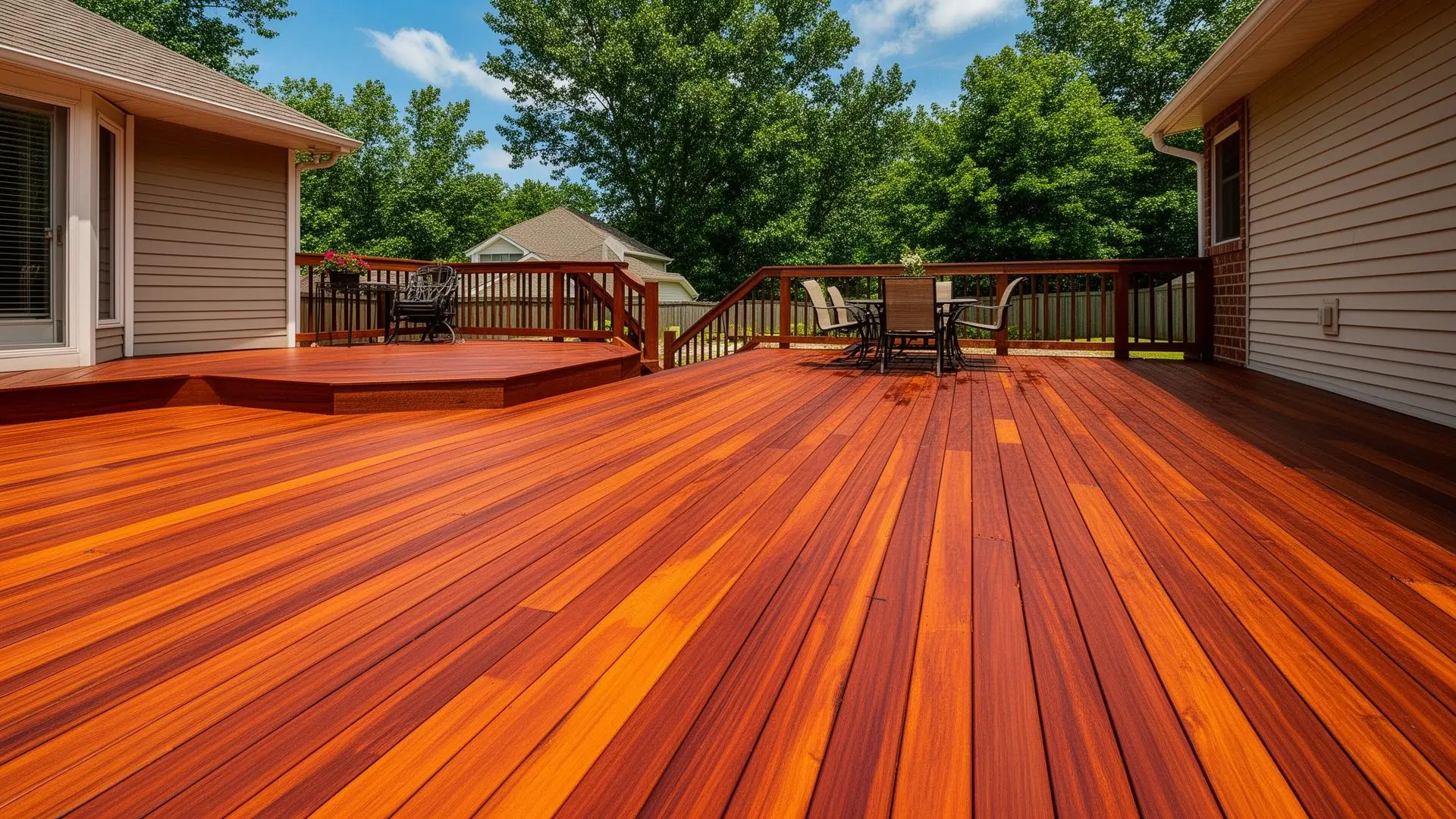 Richly stained, restored wooden deck after