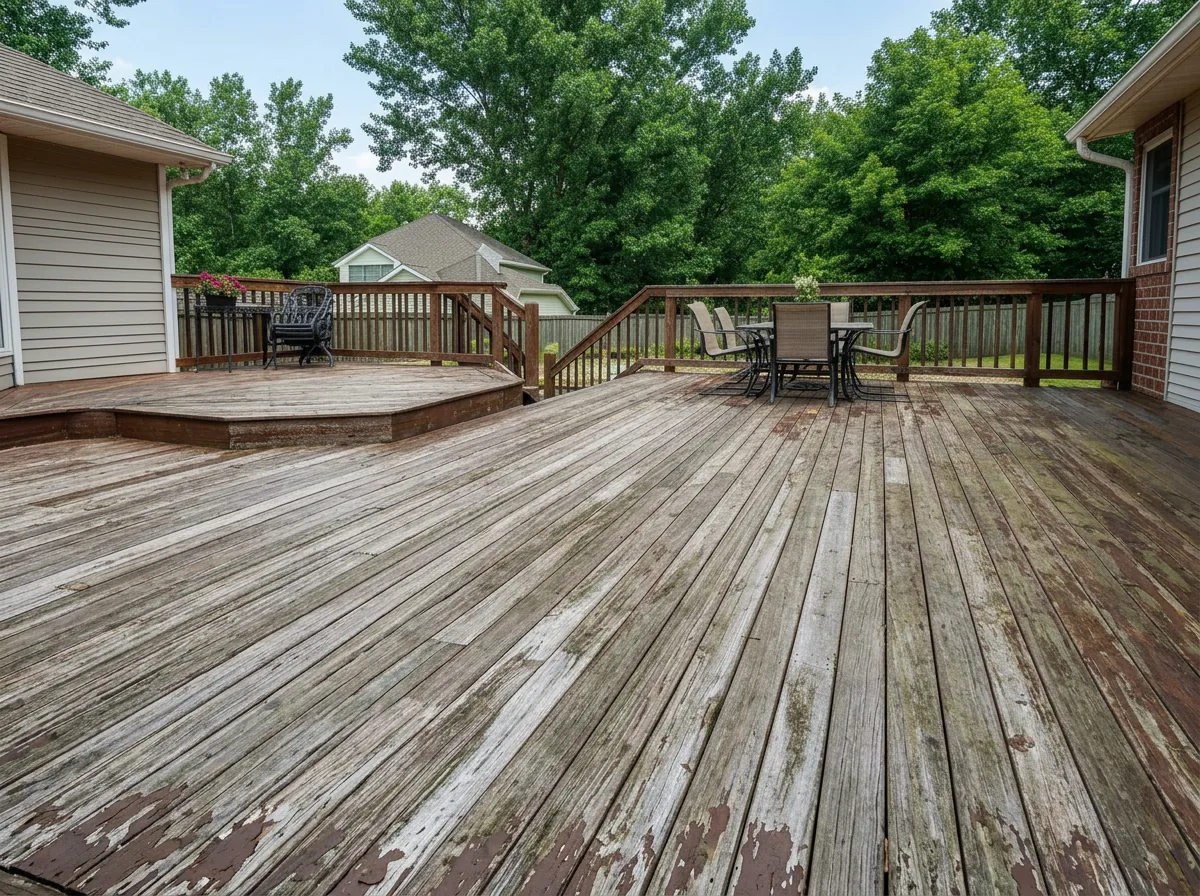 Weathered, grey wooden deck before restoration