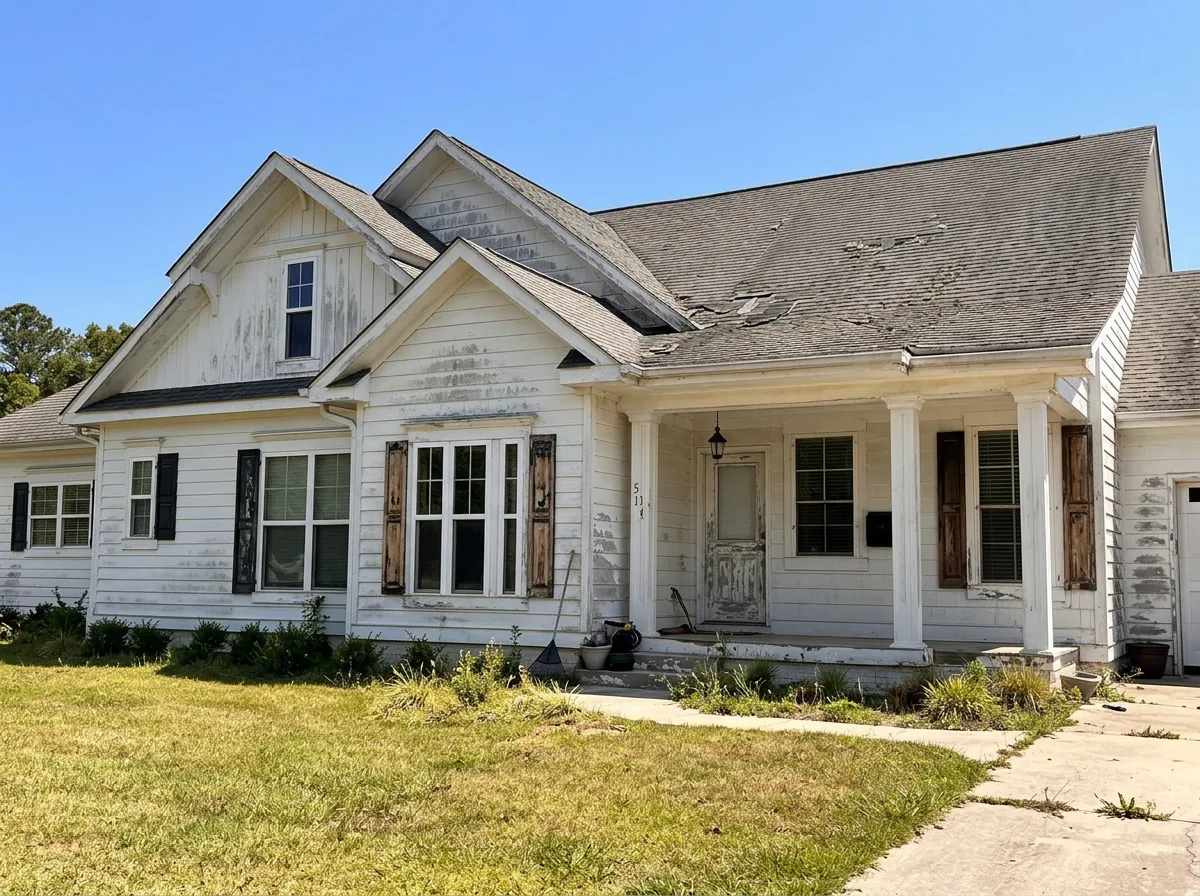 Faded, weathered home exterior before repaint